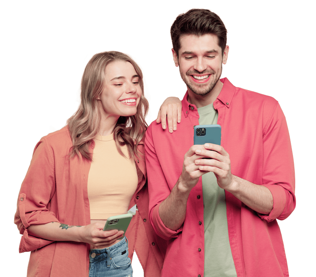 Happy people looking at their phones